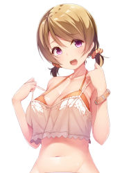Rule 34 | 10s, 1girl, :d, alternate hairstyle, bangle, blush, bra, bracelet, breasts, brown hair, camisole, cleavage, collarbone, crop top, crop top overhang, female focus, groin, head tilt, jewelry, koizumi hanayo, large breasts, looking at viewer, love live!, love live! school idol project, navel, open mouth, orange bra, out-of-frame censoring, parted bangs, purple eyes, scrunchie, short hair, short ponytail, short twintails, simple background, siva (executor), smile, solo, strap pull, twintails, underwear, upper body, white background