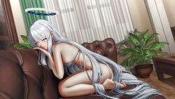 Rule 34 | 1girl, absurdly long hair, absurdres, bikini, blue archive, breasts, couch, halo, highres, indoors, long hair, looking at viewer, mechanical halo, medium breasts, noa (blue archive), on couch, plant, potted plant, purple eyes, satyarizqy, side-tie bikini bottom, sidelocks, smile, solo, swimsuit, very long hair, white bikini, white hair, wooden floor