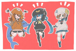 Rule 34 | 2tsubu, 3girls, april (guilty gear), asymmetrical legwear, black gloves, black jacket, black thighhighs, blue hair, border, brown hair, cabbie hat, cheering, dizzy (guilty gear), dolphin, fingerless gloves, full body, glasses, gloves, green eyes, guilty gear, guilty gear strive, hair between eyes, hands up, hat, heart, heart tattoo, highres, jacket, jumping, leg up, long hair, long sleeves, may (guilty gear), mr. dolphin (guilty gear), multiple girls, one eye closed, open mouth, orange jacket, pirate, red background, red eyes, short hair, simple background, skull and crossbones, tattoo, thigh strap, thighhighs, thighs, twintails, white border, white jacket