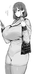 Rule 34 | 1girl, absurdres, bag, breasts, choker, covered navel, cowboy shot, dress, hands up, highres, holding, holding phone, hotate-chan, large breasts, looking at viewer, mole, mole under eye, monochrome, original, parted lips, phone, short hair, solo, standing, thighs, translation request