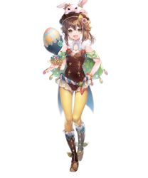Rule 34 | 1girl, :d, bare shoulders, beret, boots, bow, brown eyes, brown footwear, brown hair, brown hat, brown leotard, capelet, delthea (fire emblem), fang, fire emblem, fire emblem echoes: shadows of valentia, fire emblem gaiden, fire emblem heroes, full body, green capelet, hair between eyes, hand on own hip, hat, hat bow, highres, leotard, looking at viewer, miwabe sakura, nintendo, non-web source, official art, open mouth, pantyhose, short hair, smile, solo, standing, transparent background, yellow bow, yellow pantyhose