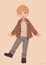 Rule 34 | 1boy, black footwear, blonde hair, blue eyes, brown jacket, child, commentary request, gloves, jacket, looking at viewer, male focus, noeyebrow (mauve), original, shirt, simple background, solo, sweater