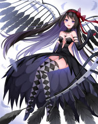 Rule 34 | 1girl, absurdres, akemi homura, akuma homura, arno (ft3014), artist name, bad id, bad pixiv id, bare shoulders, black hair, blush, breasts, cleavage, detached collar, elbow gloves, feathers, full body, gloves, highres, looking at viewer, mahou shoujo madoka magica, mahou shoujo madoka magica: hangyaku no monogatari, medium breasts, purple eyes, red ribbon, ribbon, side slit, skindentation, smile, solo, thighs, toe-point, white background, wings