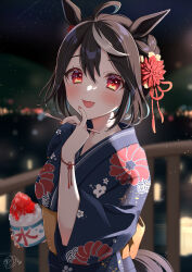 Rule 34 | 1girl, :d, ahoge, animal ears, black hair, black kimono, blurry, blurry background, blush, commentary request, cup, depth of field, disposable cup, floral print, flower, food, hair between eyes, hair flower, hair ornament, hand up, highres, holding, holding cup, holding spoon, horse ears, horse girl, horse tail, japanese clothes, kimono, kitasan black (umamusume), kooribata, masshirokachi, multicolored hair, nail polish, night, night sky, open mouth, outdoors, print kimono, railing, red eyes, red flower, red nails, shaved ice, short sleeves, sky, smile, solo, spoon, streaked hair, tail, umamusume, white hair, wide sleeves, yukata