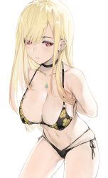 Rule 34 | 1girl, absurdres, arms behind back, bikini, black bikini, black choker, blonde hair, blush, choker, collarbone, covered erect nipples, ear piercing, earrings, enpix, floral print, grey background, highres, jewelry, kitagawa marin, long hair, navel, necklace, parted lips, piercing, pink eyes, print bikini, simple background, skindentation, solo, sono bisque doll wa koi wo suru, swimsuit