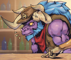 Rule 34 | 1boy, 1other, alistar (league of legends), beard, blue hair, bottle, brown vest, closed mouth, coin, colored sclera, facial hair, horns, indoors, league of legends, long hair, longhorn alistar, minotaur, muscular, muscular male, no pupils, notice lines, orange sclera, phantom ix row, red scarf, scarf, solo focus, vest