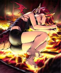 Rule 34 | 10s, 1girl, artist request, barefoot, cygames, dragon girl, dragon horns, dragon tail, earrings, fire, harnessed flame, horns, jewelry, len (a-7), lying, lava, official art, on side, pointy ears, red eyes, red hair, shadowverse, shingeki no bahamut, shorts, sweat, symbol-shaped pupils, tail