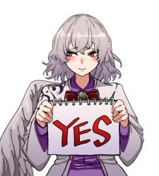 Rule 34 | 1girl, angel wings, blush, bow, bowtie, collared shirt, dress, feathered wings, ghostship55, hair between eyes, holding, holding notebook, jacket, kishin sagume, long sleeves, looking away, medium hair, notebook, purple dress, red bow, red bowtie, red eyes, shirt, simple background, single wing, solo, suit jacket, touhou, upper body, white background, white hair, white wings, wings, yes