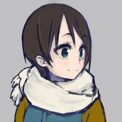 Rule 34 | 1girl, black hair, blue eyes, commentary request, grey background, noraguro, portrait, saitou ena, scarf, short hair, simple background, smile, solo, white scarf, yurucamp