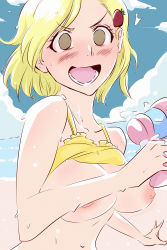 Rule 34 | 1girl, absurdres, bare arms, beach, bikini, bikini top lift, bikini top only, bleach, blonde hair, blue sky, blush, bra, bra lift, breasts, breasts out, brown eyes, clothes lift, cloud, collarbone, embarrassed, food, food-themed hair ornament, fruit, hair ornament, hand up, highres, holding, holding water gun, kurosaki yuzu, large breasts, maxi, nipples, ocean, open mouth, outdoors, partially undressed, running, sand, short hair, sky, solo, strawberry, strawberry hair ornament, swimsuit, teeth, tongue, underwear, upper body, water, water gun, wet, yellow bikini, yellow bra