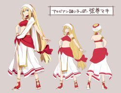 Rule 34 | 1girl, anklet, armlet, blonde hair, bow, bracelet, character sheet, closed eyes, commentary request, from behind, green eyes, grin, hair bow, hand on own hip, highres, jewelry, long hair, low-tied long hair, midriff, multiple views, navel, ponytail, sandals, smile, standing, toromera, translation request, tsurumaki maki, very long hair, voiceroid