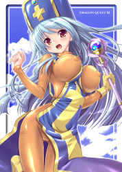 Rule 34 | 1girl, alto seneka, blue hair, bodysuit, breasts, breasts out, cameltoe, chunsoft, cloud, dragon quest, dragon quest iii, enix, gloves, hat, highres, large breasts, latex, latex gloves, latex suit, long hair, mitre, priest (dq3), red eyes, shiny clothes, skin tight, solo, tabard, tight clothes