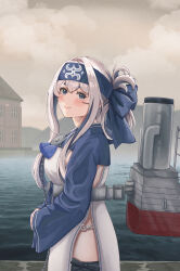 Rule 34 | 1girl, absurdres, ainu clothes, bandana, blue eyes, blue hair, blue headband, breasts, building, colored inner hair, cropped jacket, day, folded ponytail, from side, fundoshi, hair between eyes, haruhama21, headband, highres, japanese clothes, kamoi (kancolle), kantai collection, large breasts, leg wrap, long hair, long sleeves, multicolored hair, outdoors, pelvic curtain, rigging, sidelocks, smokestack, solo, thick eyebrows, white hair, wrist guards
