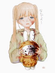Rule 34 | 1girl, blonde hair, blood, blood on clothes, blood on face, blood splatter, blue eyes, blunt bangs, ccnaov, cropped torso, crying, crying with eyes open, green hoodie, highres, holding, holding stuffed toy, hood, hood down, hood up, hoodie, long hair, long sleeves, looking at viewer, open mouth, original, scared, simple background, solo, stuffed animal, stuffed rabbit, stuffed toy, tears, translated, twintails, upper body, wavy mouth, white background, yellow raincoat