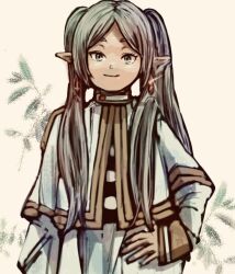 Rule 34 | 1girl, capelet, commentary request, dangle earrings, earrings, frieren, green eyes, grey hair, highres, jewelry, jipo (myu-tata), long hair, long sleeves, parted bangs, pointy ears, shirt, smile, solo, sousou no frieren, sparkle, striped clothes, striped shirt, twintails, white background, white capelet