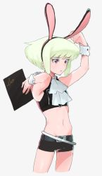 Rule 34 | 1boy, androgynous, animal ears, ascot, bad id, bad twitter id, green hair, lio fotia, male focus, midriff, ns1123, open mouth, promare, purple eyes, rabbit ears, short shorts, shorts, solo, wrist cuffs