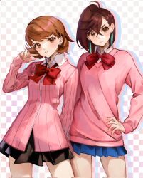 2girls ayase_momo black_skirt blue_skirt bow bowtie cardigan dandadan earrings highres jewelry long_sleeves multiple_girls pendant_earring persona persona_3 pink_cardigan pink_sweater red_bow red_bowtie ribbed_cardigan rindroguis skirt stud_earrings sweater takeba_yukari