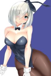 Rule 34 | 10s, 1girl, alternate costume, animal ears, bare shoulders, black pantyhose, blue background, blue eyes, blush, bob cut, bow, bowtie, breasts, cleavage, collarbone, covered navel, detached collar, fake animal ears, female focus, gloves, hair ornament, hair over one eye, hairclip, hamakaze (kancolle), head tilt, highleg, highleg leotard, hip focus, kantai collection, large breasts, leaning, leotard, looking at viewer, pantyhose, playboy bunny, rabbit ears, silver hair, simple background, solo, strapless, strapless leotard, thigh gap, thighs, white gloves, wrist cuffs, yuna (spn28u79)