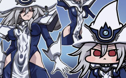 Rule 34 | 1girl, armor, blue dress, blush stickers, breasts, chibi, dress, duel monster, gloves, grey hair, hair between eyes, hat, hive, jazz jack, large breasts, multiple views, pauldrons, red eyes, shoulder armor, silent magician, white gloves, witch hat, yu-gi-oh!