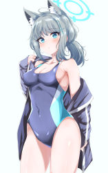 Rule 34 | 1girl, animal ear fluff, animal ears, aqua eyes, bare shoulders, blue archive, blush, breasts, buruma, cleavage, collarbone, commentary request, competition swimsuit, covered erect nipples, covered navel, cowboy shot, cowlick, extra ears, eyelashes, grey hair, hair ornament, halo, heterochromia, highres, legs apart, leotard, machismo fuji, medium hair, off shoulder, one-piece swimsuit, parted lips, playboy bunny, shiny skin, shiroko (blue archive), shiroko (swimsuit) (blue archive), simple background, skin tight, small breasts, solo, stomach, swimsuit, white background