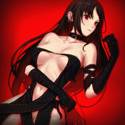 Rule 34 | 1girl, bare shoulders, black choker, black dress, black gloves, breasts, brown hair, choker, collarbone, commentary request, dress, ear piercing, earrings, elbow gloves, fate/grand order, fate (series), gloves, groin, hair between eyes, hand up, head tilt, highres, jewelry, long hair, looking at viewer, lying, medium breasts, navel, on back, piercing, red background, red eyes, revealing clothes, ribbon-trimmed dress, ribbon trim, shouhei, solo, strapless, strapless dress, very long hair, yu mei-ren (fate)