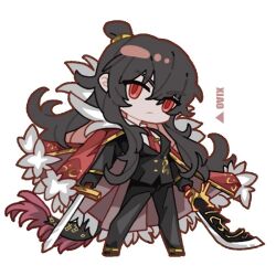 Rule 34 | 1girl, black jacket, black pants, brown hair, character name, chibi, closed mouth, coat, coat on shoulders, dragon tail, fur-trimmed coat, fur trim, glory01200, guan dao, hair bun, holding, holding polearm, holding sword, holding weapon, jacket, library of ruina, long hair, looking at viewer, necktie, pants, polearm, project moon, red coat, red eyes, red necktie, sidelocks, solo, sword, tail, tie clip, very long hair, weapon, xiao (project moon)