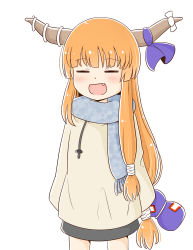 Rule 34 | 1girl, :d, black skirt, closed eyes, cowboy shot, fang, gourd, grey scarf, highres, horn ornament, horn ribbon, horns, ibuki suika, long hair, long sleeves, low-tied long hair, open mouth, orange hair, purple ribbon, ribbon, rozugadena, scarf, simple background, skirt, smile, solo, standing, sweater, touhou, white background, white ribbon, white sweater, winter clothes