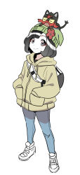 Rule 34 | 1girl, alternate costume, bag, beanie, black hair, closed eyes, creatures (company), dede (qwea 00000), fang, full body, game freak, gen 7 pokemon, hands in pockets, hat, highres, jacket, litten, looking at viewer, nintendo, on head, open mouth, pants, pokemon, pokemon (creature), pokemon on head, pokemon sm, selene (pokemon), simple background, skin fang, smile, tail, white background, white footwear