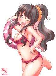 Rule 34 | 10s, 1girl, 2016, :d, ;d, alternate hairstyle, arm behind head, arm up, artist name, bare shoulders, barefoot, bikini, black hair, blush, breasts, dated, frilled bikini, frills, hair ornament, hair scrunchie, hand on own hip, highres, innertube, kanon (kurogane knights), kantai collection, large breasts, leg up, lifebuoy, long hair, looking at viewer, multicolored hair, naganami (kancolle), navel, one eye closed, open mouth, pink hair, ponytail, scrunchie, smile, solo, standing, standing on one leg, swim ring, swimsuit