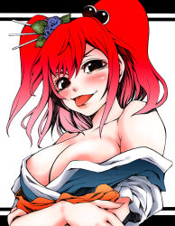 Rule 34 | 1girl, :p, bare shoulders, breasts, face, female focus, hair bobbles, hair ornament, hair stick, japanese clothes, kanzashi, large breasts, off shoulder, onozuka komachi, red hair, solo, tongue, tongue out, touhou, uousa-ou