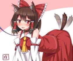 Rule 34 | 1girl, afterimage, animal ears, ascot, bent over, blush, bow, brown hair, collar, detached sleeves, dog ears, dog tail, hair bow, hair tubes, hakurei reimu, kemonomimi mode, leash, looking at viewer, multicolored background, open mouth, red bow, red eyes, red skirt, shefu, short hair, skirt, skirt set, solo, tail, tail wagging, touhou, two-tone background, viewer holding leash