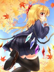 Rule 34 | 1girl, alternate costume, autumn, autumn leaves, black thighhighs, blonde hair, blue sky, bow, brown footwear, contemporary, crystal, eating, flandre scarlet, food, foot out of frame, from side, ginkgo leaf, hair bow, highres, leaf, long hair, long sleeves, maple leaf, marukyuu ameya, multicolored wings, no headwear, outdoors, pleated skirt, red bow, red eyes, roasted sweet potato, shoe soles, skirt, sky, solo, standing, standing on one leg, sweet potato, thighhighs, touhou, wings, zettai ryouiki