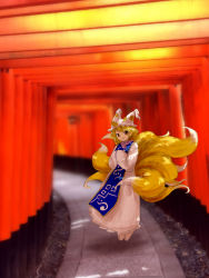 Rule 34 | 1girl, absurdres, animal hat, blonde hair, blurry, commentary request, depth of field, dress, fox tail, frilled dress, frills, full body, hands in opposite sleeves, hat, highres, long sleeves, mob cap, multiple torii, nokisakifuurin, ofuda, road, short hair, sketch, smile, tabard, tail, torii, touhou, yakumo ran