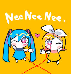 Rule 34 | 2girls, aimaina, bare arms, bare legs, blonde hair, blue dress, blue hair, bow, bright pupils, chibi, cup, dress, hair bow, hair ornament, hairclip, hand on own cheek, hand on own face, hatsune miku, heart, holding, holding cup, kagamine rin, long hair, looking at viewer, marking on cheek, medium hair, multiple girls, nee nee nee. (vocaloid), one eye closed, pale skin, pink eyes, romaji text, short dress, simple background, sleeveless, sleeveless dress, slit pupils, song name, string, string of fate, string phone, terada tera, twintails, very long hair, vocaloid, white bow, white pupils, yellow background, yellow dress