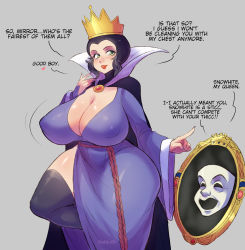 Rule 34 | 1girl, black hair, breasts, cleavage, crown, disney, english text, highres, huge breasts, lipstick, makeup, mature female, mirror, pinkkoffin, queen grimhilde, snow white and the seven dwarfs, tagme