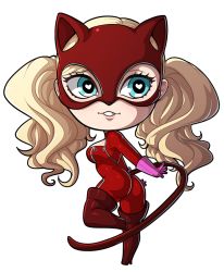 Rule 34 | 1girl, animal costume, animal ears, ass, blonde hair, blue eyes, bodysuit, boots, cat costume, cat ears, cat tail, chibi, heart, heart-shaped pupils, high heel boots, high heels, kinkymation, mask, persona, persona 5, persona 5 the royal, red bodysuit, red footwear, shin megami tensei, symbol-shaped pupils, tail, takamaki anne, thigh boots, thighhighs, twintails
