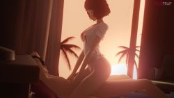 Rule 34 | 1boy, 1girl, 3d, amamiya ren, animated, black hair, brown hair, clothed female nude male, clothed sex, cowgirl position, fugtrup, glasses, highres, kawakami sadayo, multiple views, nude, on bed, palm tree, persona, persona 5, pubic hair, sex, straddling, tree, video