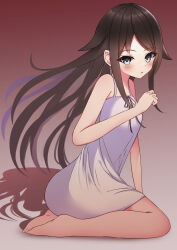 Rule 34 | 1girl, bare arms, barefoot, black hair, blush, commentary, dress, drop shadow, flat chest, from side, full body, gradient background, green eyes, grey background, highres, leaning forward, long hair, looking at viewer, parted bangs, parted lips, red background, saya (saya no uta), saya no uta, seiza, sidelocks, sitting, sleeveless, sleeveless dress, soles, solo, takagi-18102817, tsurime, very long hair, white dress