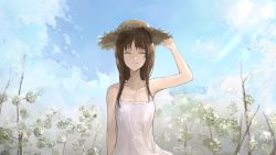Rule 34 | 1girl, 20 days (chan1moon), bare arms, bare shoulders, breasts, brown hair, chan1moon, cleavage, closed eyes, closed mouth, collarbone, commentary request, day, dress, facing viewer, field, hand up, hat, long hair, medium breasts, original, outdoors, sky, sleeveless, smile, solo, standing, sundress, upper body, white dress