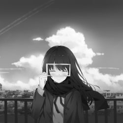 Rule 34 | 1girl, blazer, cardigan, closed eyes, cloud, commentary request, crying, greyscale, highres, jacket, long hair, mige shijiu, monochrome, neck ribbon, open clothes, open jacket, original, outdoors, railing, ribbon, scarf, scenery, school uniform, sky, solo, tears, upper body