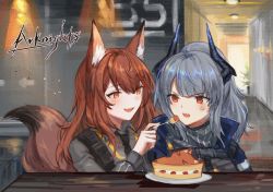 Rule 34 | 2girls, :d, anger vein, animal ears, arknights, black neckwear, brown hair, cake, commentary, copyright name, food, fork, fox ears, fox tail, franka (arknights), grey hair, highres, holding, holding fork, horns, indoors, liskarm (arknights), long hair, long sleeves, looking at another, multiple girls, necktie, one-hour drawing challenge, open mouth, orange eyes, red eyes, smile, spacelongcat, tail