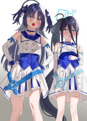 Rule 34 | 2girls, absurdres, aris (blue archive), bare legs, black hair, blue archive, blue eyes, blush, bow, breasts, choker, commentary request, detached sleeves, from below, gradient background, hair between eyes, hair ornament, halo, highres, idol, legs, long hair, looking at viewer, mischievous straight uniform (blue archive), multiple girls, official alternate costume, open mouth, pleated skirt, purple eyes, purple hair, sailor collar, side ponytail, skirt, small breasts, subachi, sweatdrop, thighs, two side up, very long hair, yuuka (blue archive)