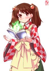 Rule 34 | 1girl, apron, book, brown eyes, brown hair, checkered clothes, checkered kimono, checkered shirt, commentary request, cosplay, cowboy shot, dated, frilled apron, frills, green hakama, hair bobbles, hair ornament, hakama, hakama skirt, highres, japanese clothes, kanon (kurogane knights), kantai collection, kimono, logo, long hair, looking at viewer, motoori kosuzu, motoori kosuzu (cosplay), mundane utility, ryuujou (kancolle), shirt, simple background, skirt, smile, solo, touhou, two side up, white background, yellow apron