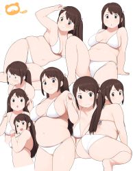Rule 34 | 1girl, :d, :o, accio, ass, bad id, bad pixiv id, belly, bikini, blush, breasts, brown hair, cleavage, commentary request, fat, fat rolls, hair ribbon, highres, index finger raised, kneeling, long hair, looking at viewer, lying, medium breasts, muffin top, multiple views, navel, on side, open mouth, original, plump, ribbon, sitting, smile, string bikini, surprised, sweatdrop, swimsuit, tanuma miyuki, thick thighs, thighs, v, wavy mouth, white background, white bikini