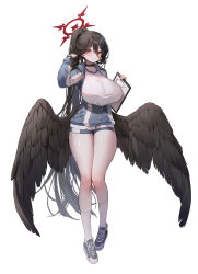Rule 34 | 1girl, absurdres, adjusting hair, arm up, black choker, black hair, black wings, blue archive, blue jacket, blue shorts, blush, breasts, choker, closed mouth, collarbone, curvy, feathered wings, grey footwear, gym shirt, gym shorts, gym uniform, hair between eyes, halo, hand in own hair, hasumi (blue archive), hasumi (track) (blue archive), highres, holding, huge breasts, jacket, knees together feet apart, long hair, looking at viewer, low wings, micro shorts, mole, mole under eye, official alternate costume, official alternate hairstyle, partially unzipped, ponytail, red eyes, red halo, shiro albino, shirt, shoes, shorts, simple background, sneakers, socks, solo, standing, thick thighs, thighs, track jacket, very long hair, white background, white shirt, white socks, wings