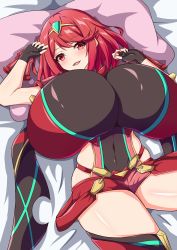 Rule 34 | 1girl, absurdres, alternate breast size, anime coloring, bed, black gloves, breasts, earrings, fingerless gloves, gem, gloves, headpiece, highres, huge breasts, jewelry, light xion, lying, pyra (xenoblade), red eyes, red hair, red shorts, red thighhighs, short hair, short shorts, shorts, solo, swept bangs, thighhighs, tiara, xenoblade chronicles (series), xenoblade chronicles 2