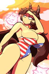 Rule 34 | 1girl, american flag, american flag print, animal ears, arm up, bare shoulders, breasts, brown hair, cleavage, closed mouth, covered navel, flag print, freckles, hair tie, horse ears, horse girl, horse tail, jaggy lines, kurokoma saki, large breasts, leotard, long hair, narrow waist, pegasus wings, ponytail, quarium, red eyes, sanpaku, strapless, strapless leotard, swimsuit, tail, thighs, touhou, wide hips, wings, wolf spirit (touhou)