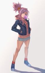 Rule 34 | 1girl, absurdres, blue eyes, breasts, blowing bubbles, casual, fate/grand order, fate (series), full body, hair ornament, hands in pockets, highres, hood, hoodie, jacket, long hair, looking at viewer, miyamoto musashi (fate), miyamoto musashi (under the same sky) (fate), pink hair, pink hoodie, ponytail, shoes, skirt, sneakers, solo, takinashi (friend coffee)