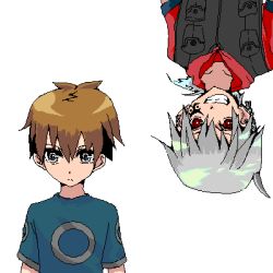 Rule 34 | 2boys, aoiaka (blueled), brown hair, expressionless, grin, ii-chan, looking at viewer, lowres, male focus, multiple boys, oekaki, ponytail, red eyes, shirt, silver hair, simple background, smile, t-shirt, upper body, upside-down, vest, white background, zaregoto series, zerozaki hitoshiki