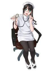 Rule 34 | 1girl, absurdres, alternate costume, black hair, black pantyhose, chair, commentary request, dress, green eyes, hairband, hat, highres, holding, holding stethoscope, kantai collection, long hair, nurse, nurse cap, ojipon, ooyodo (kancolle), pantyhose, simple background, solo, stethoscope, toeless footwear, white background, white dress, white footwear, white headwear